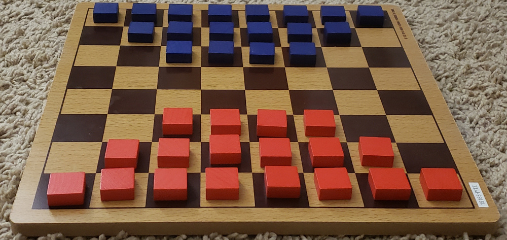 For Dameo, setup your pieces by placing them in a trapezoid on the first three rows of your board.